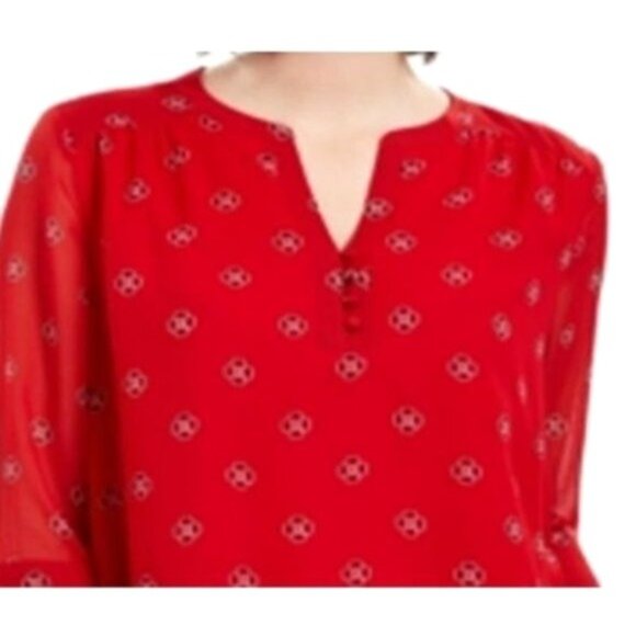 Charter Club Red Floral Print Split-Neck Top With 3/4 Sleeves Womens L Polyester - Picture 7 of 9